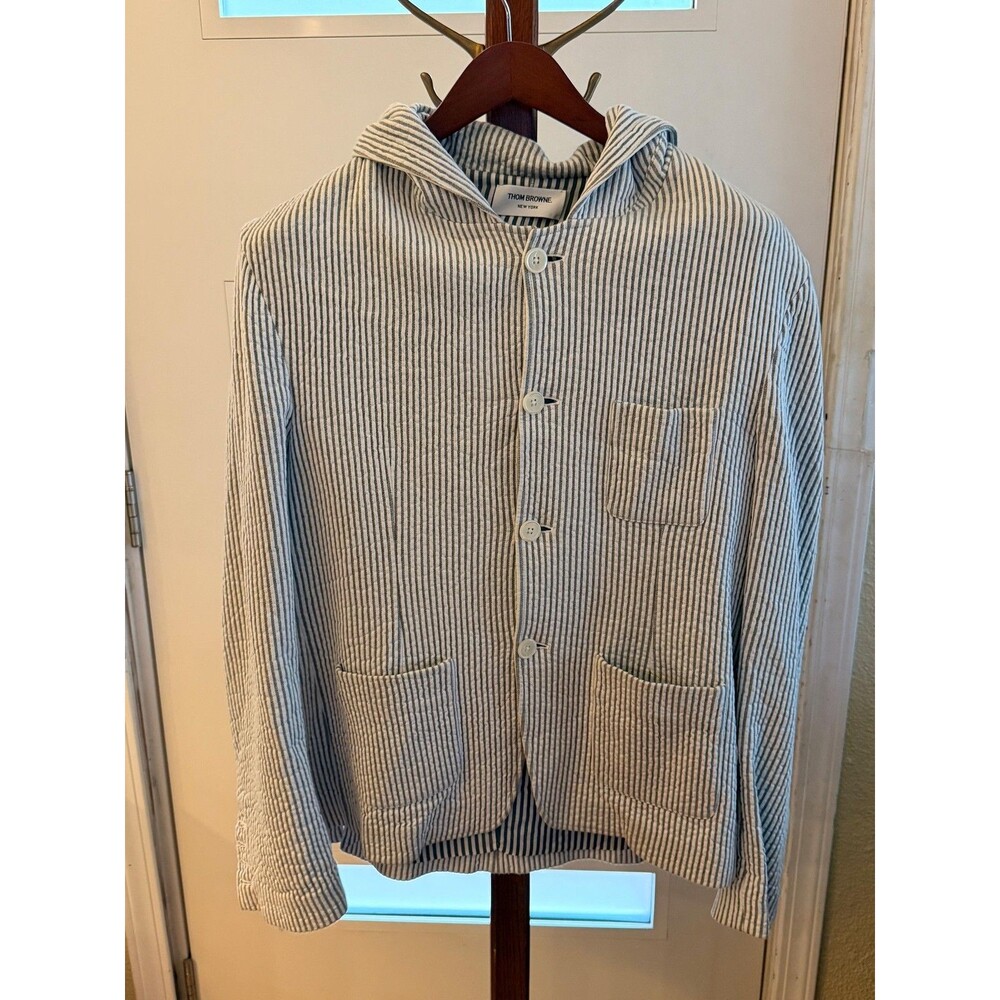 Thom Browne Blazer Mens Large Blue White Striped Hooded Seersucker Jacket Italy